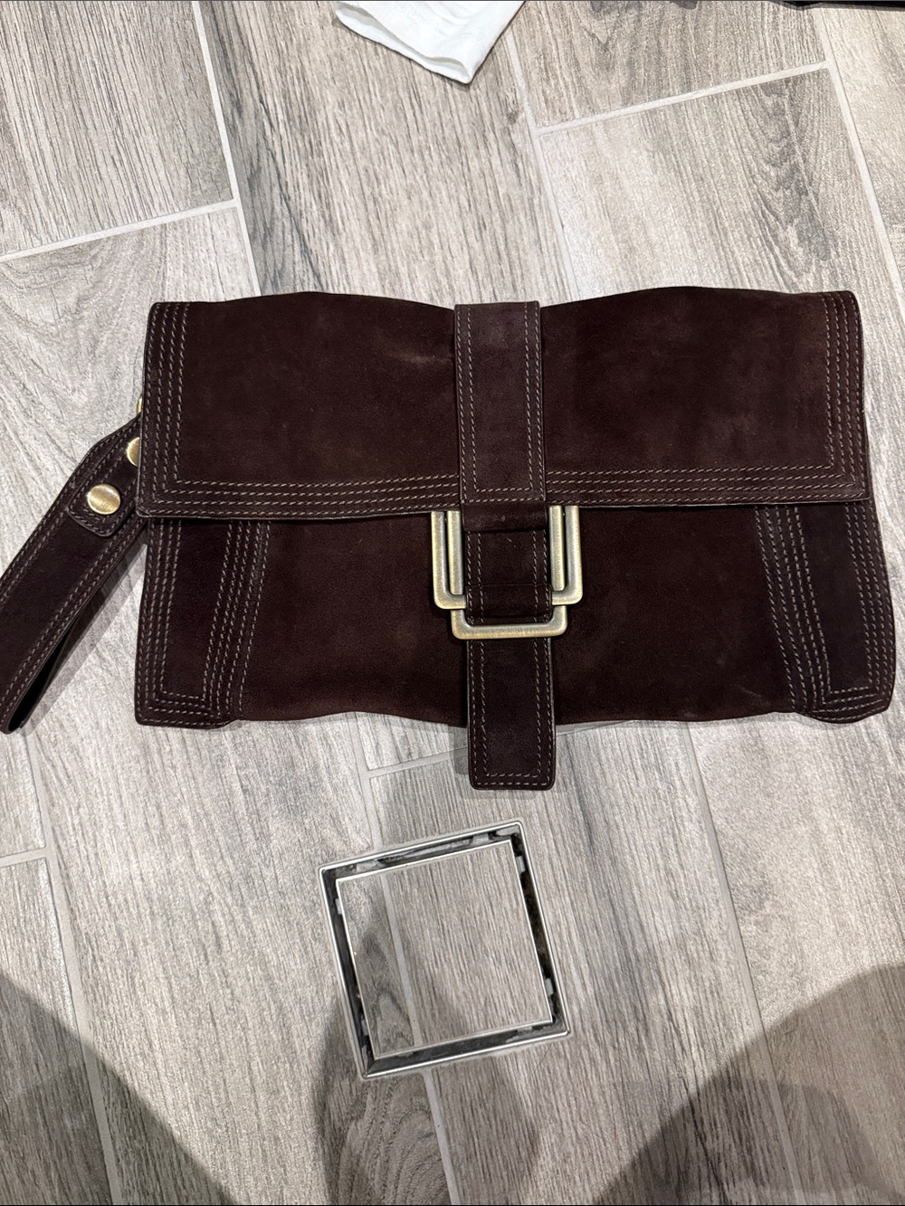 Kooba Dark Brown Suede Clutch Bag with Brass Buckle